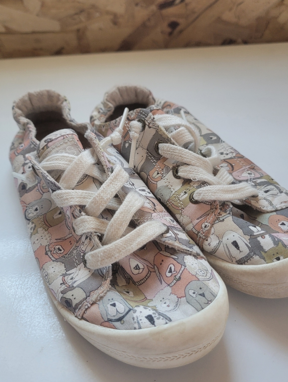 BOBS from Skechers Womans Canvas Sneakers in Pink, Gray & Cream with Dog Print